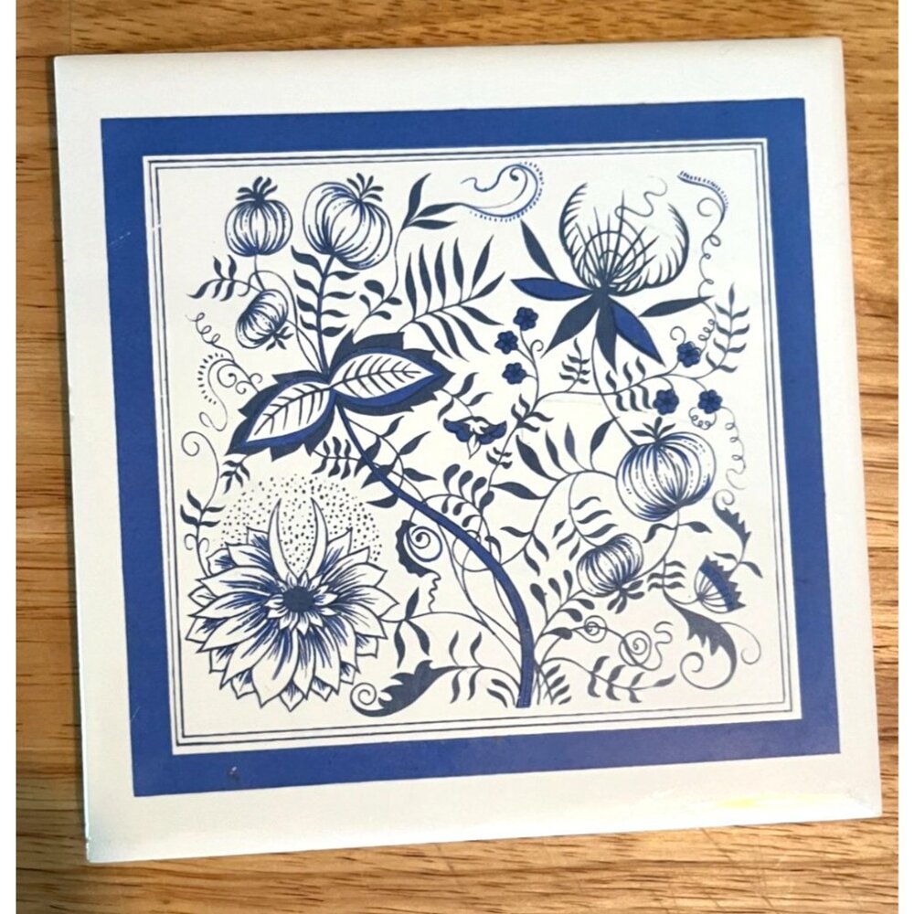 Decorative Vintage Ceramic Tile With Blue Onion Pattern By Screen Craft USA